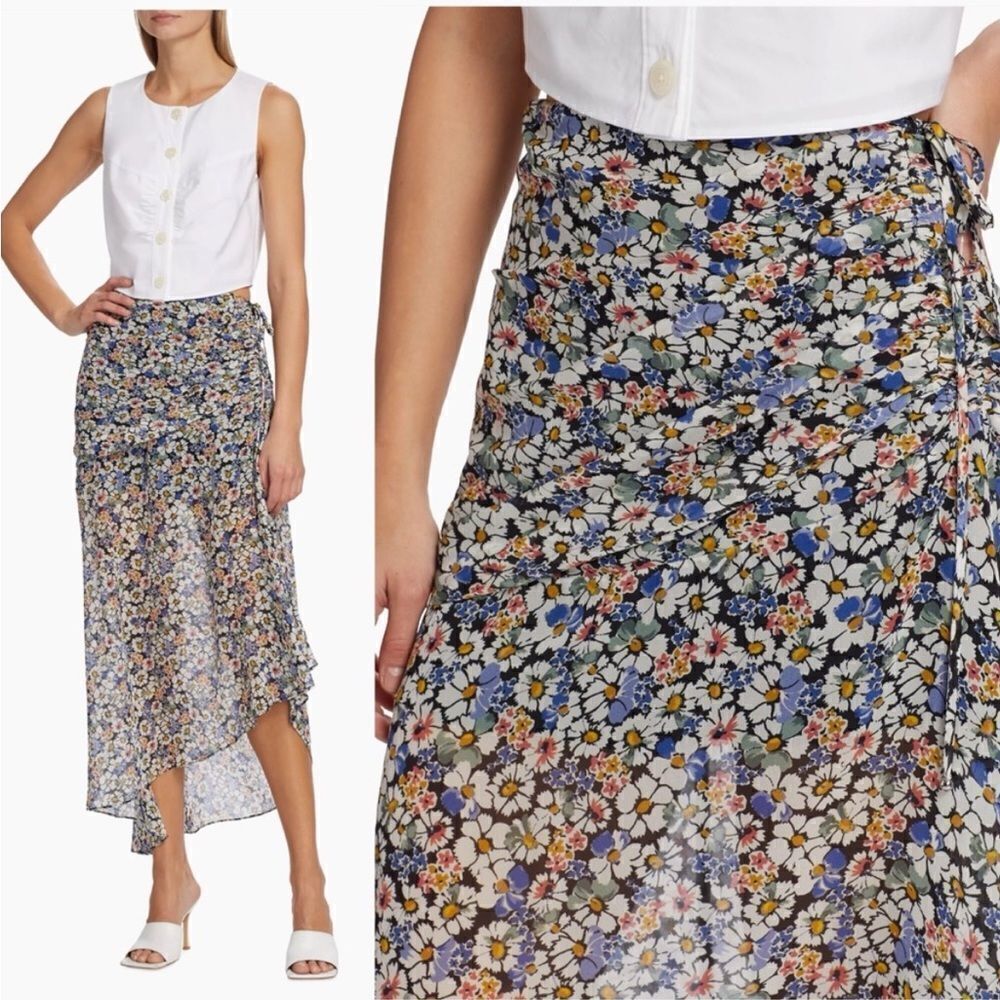 Veronica Beard Floral Silk Chiffon Lucien Midi Skirt Black Multi 0 $498
